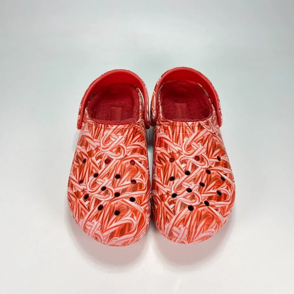 Crocs Classic Lined Candy Cane Clogs Red White Fleece Comfort Shoes Mens Size 11
